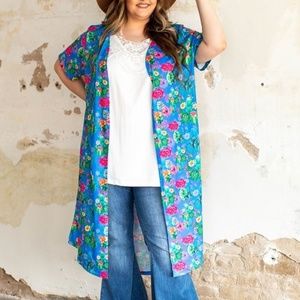 L&B Lucky & Blessed Plus Size Blue Cactus Colorful Short Sleeve Kimono Duster